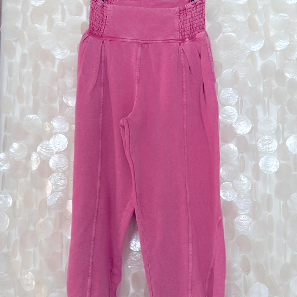FREE PEOPLE đź’• High Waist Pink Cotton Jogger Beach Pants with Ankle Ties Women XS - Picture 2 of 15